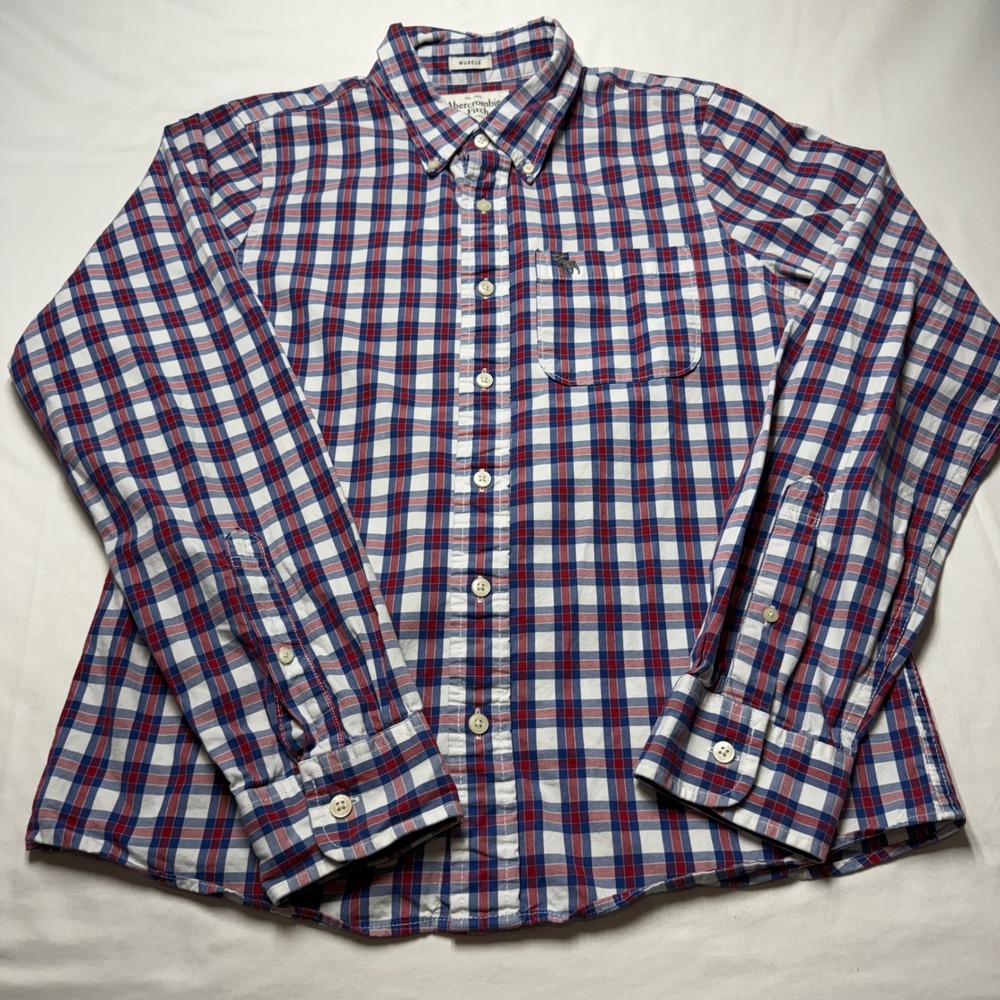 Abercrombie & Fitch Boys XL Muscle Fit Button Up Shirt Red White Blue Plaid